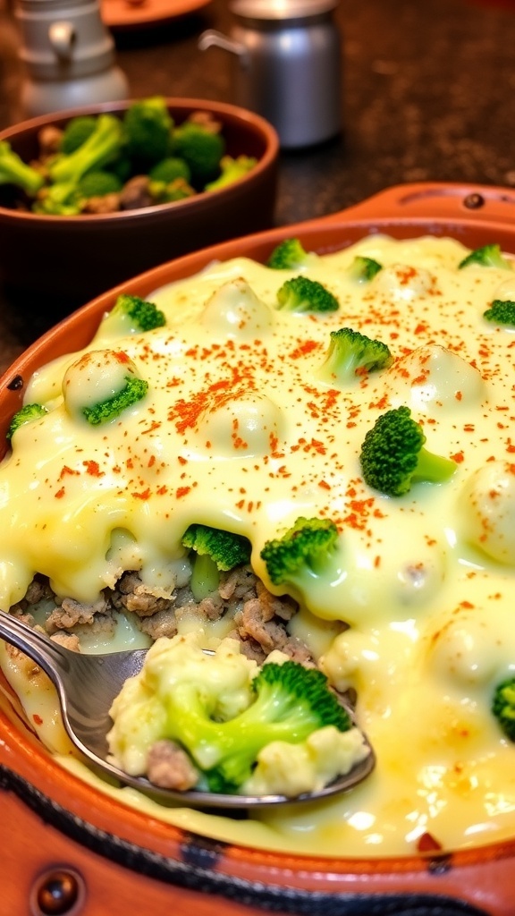 Ground Beef and Broccoli Casserole in a baking dish, topped with melted cheese and garnished with paprika.